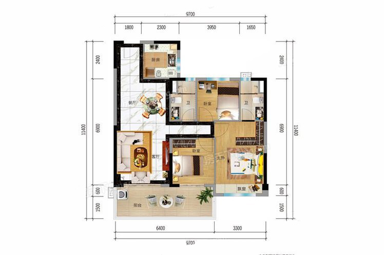 碧桂園十里繁花Y100B戶型圖 3室2廳2衛(wèi)1廚 101.00㎡