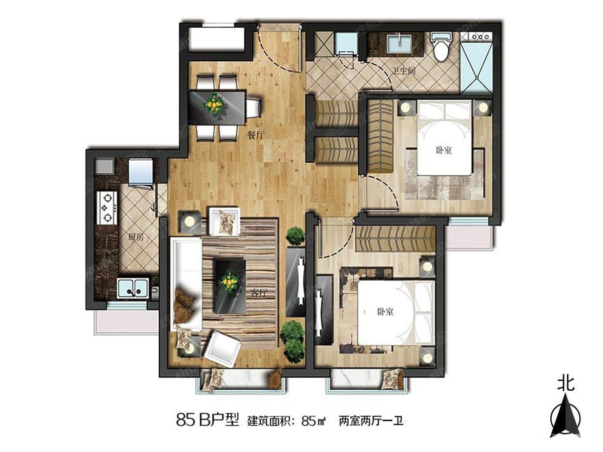 世界冠郡四期·璟峰85B戶型;2室2廳1衛(wèi)