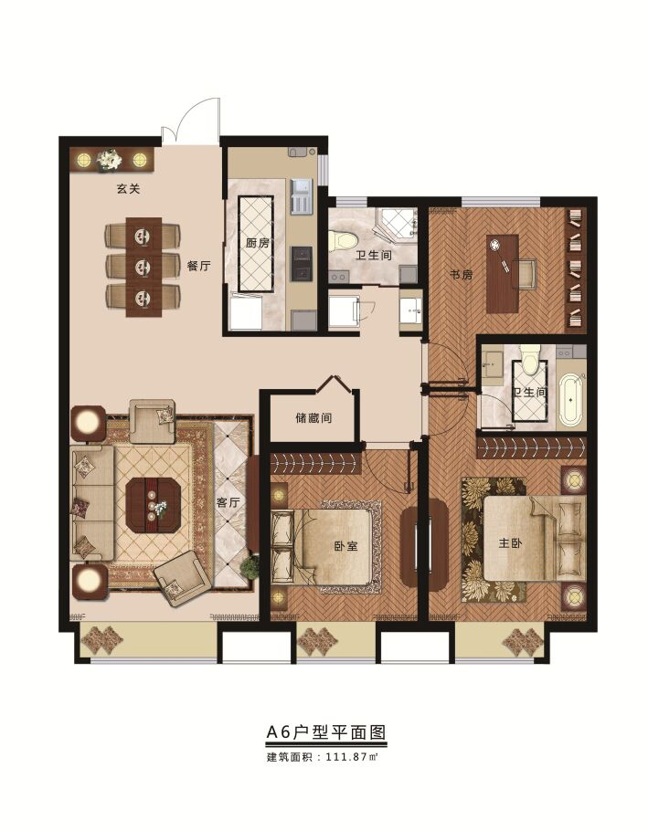 世界冠郡四期·璟峰四期A6戶型：三室兩廳兩衛(wèi)