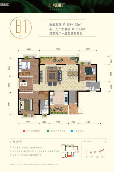 新希望觀瀾匯B1戶型約138-142㎡ 4室2廳2衛(wèi)1廚 144.00㎡