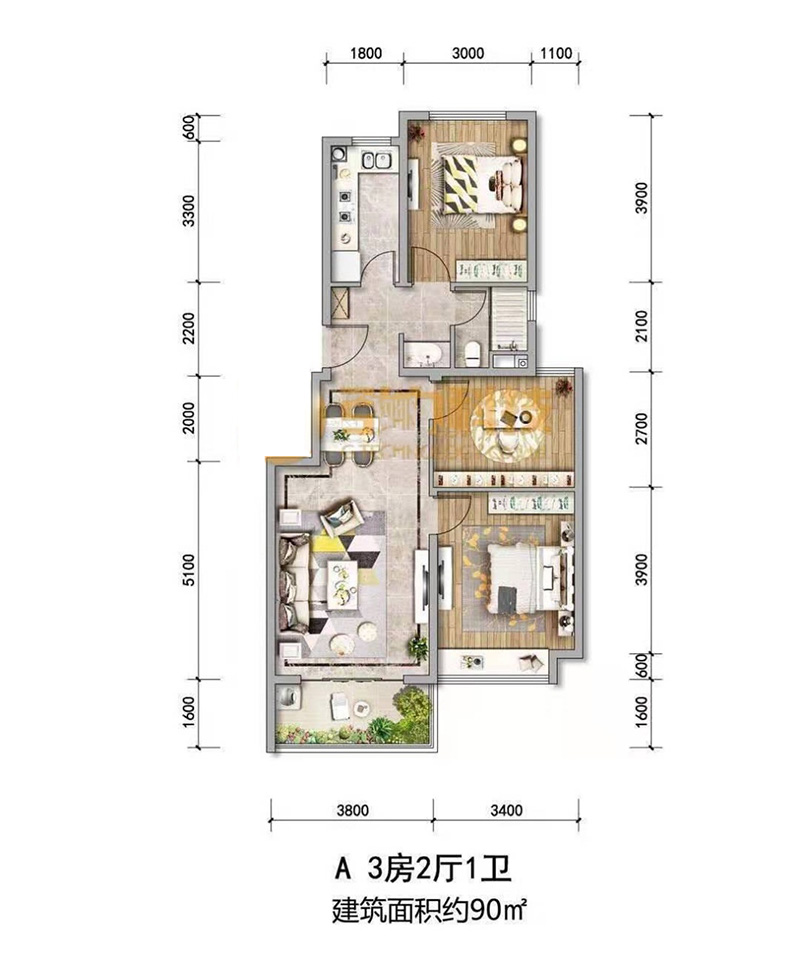 綠地滇池國際健康城A戶型 3房2廳1衛(wèi)1廚 90㎡