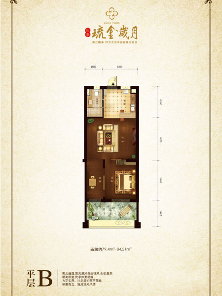 恒泰·琉金歲月1-2#樓平層B戶型 1室1廳1衛(wèi)1廚 79.40㎡