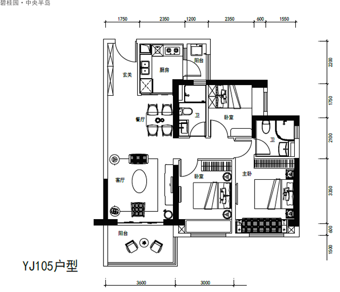 碧桂園·中央半島碧桂園·中央半島愛琴海YJ105戶型圖3室2廳2衛(wèi)1廚建面 105.00㎡