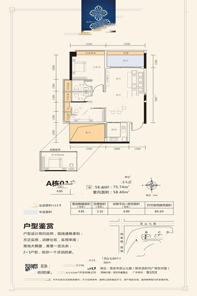 東信雅苑A01 2室2廳2衛(wèi)1廚 58.4㎡ 90.89萬元-套