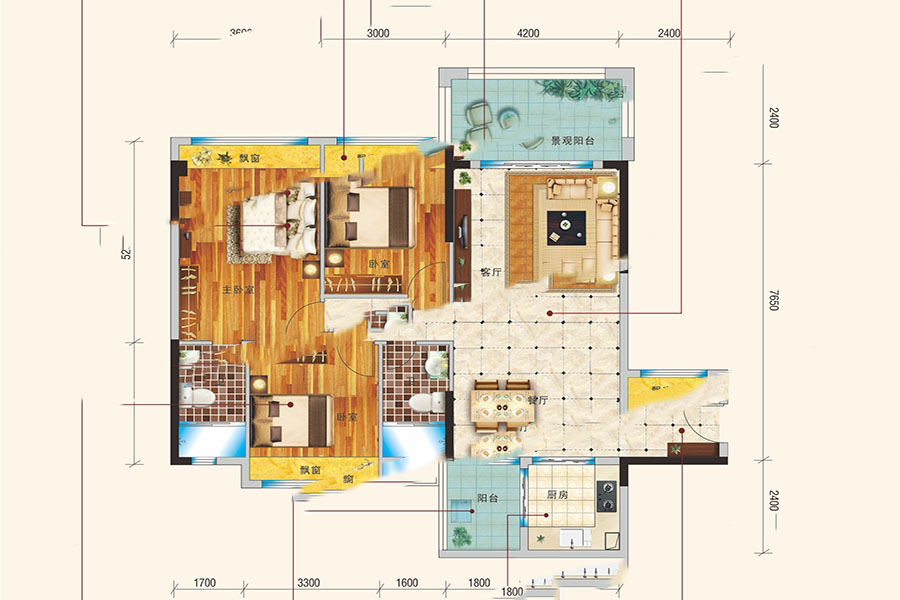 萬輝·中央豪園YX12-18B豪景對流三房 3室2廳2衛(wèi)1廚 115.96㎡ 52.18萬元-套