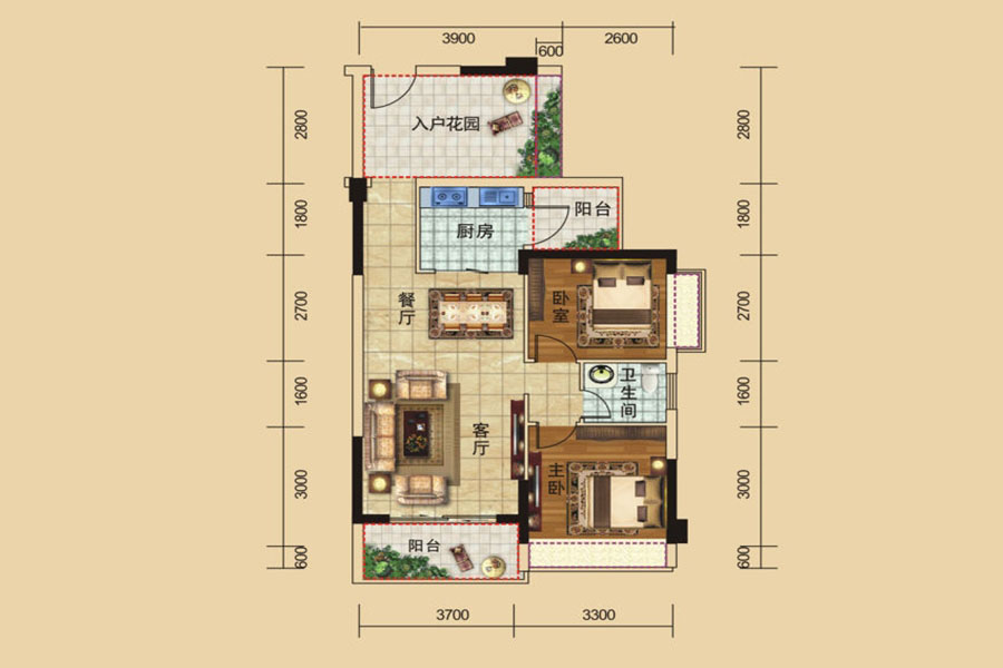 錦河灣83-86㎡棟B戶型 2室2廳1衛(wèi)1廚 77.19萬元-套