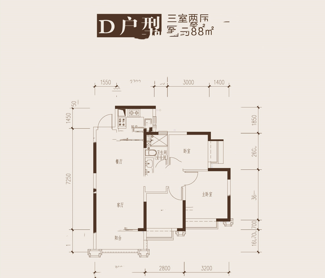 惠陽恒大棕櫚島紫荊學(xué)府D戶型 3室2廳1衛(wèi)1廚 88㎡ 193.6萬元-套