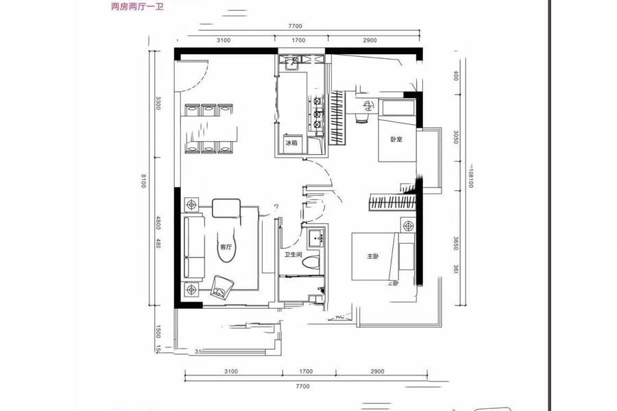 1棟01戶型77平米 2室2廳1衛(wèi)1廚 92.4萬元-套