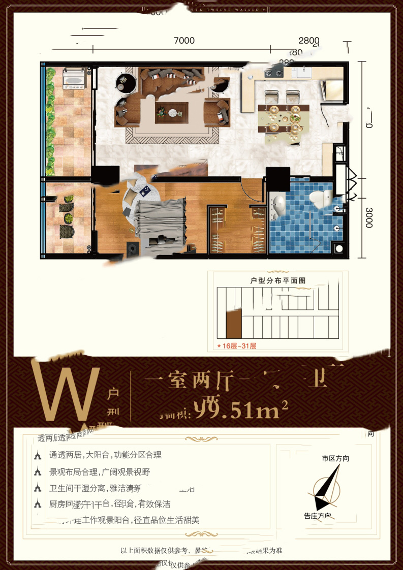 告莊西雙景W戶型 1室2廳1衛(wèi)1廚 99.51-100㎡