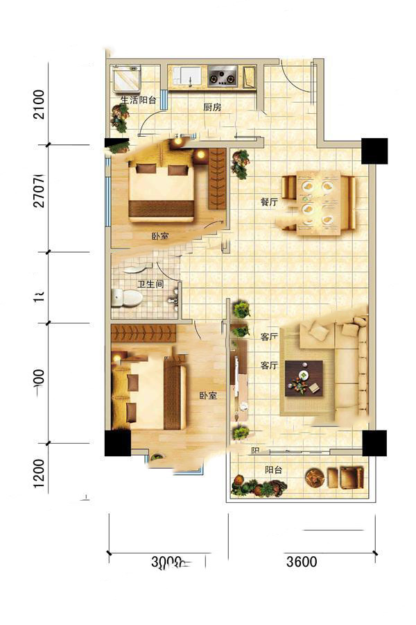 11棟B戶(hù)型 2室2廳1衛(wèi)1廚 76.65㎡