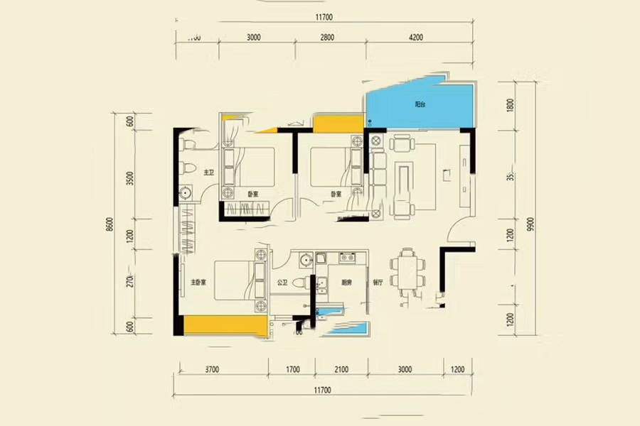 二期03戶型103-107平米 3室2廳2衛(wèi)1廚 103㎡