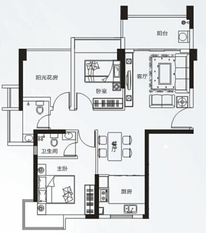 旭日海岸F戶型 3室2廳2衛(wèi)1廚 88.39㎡