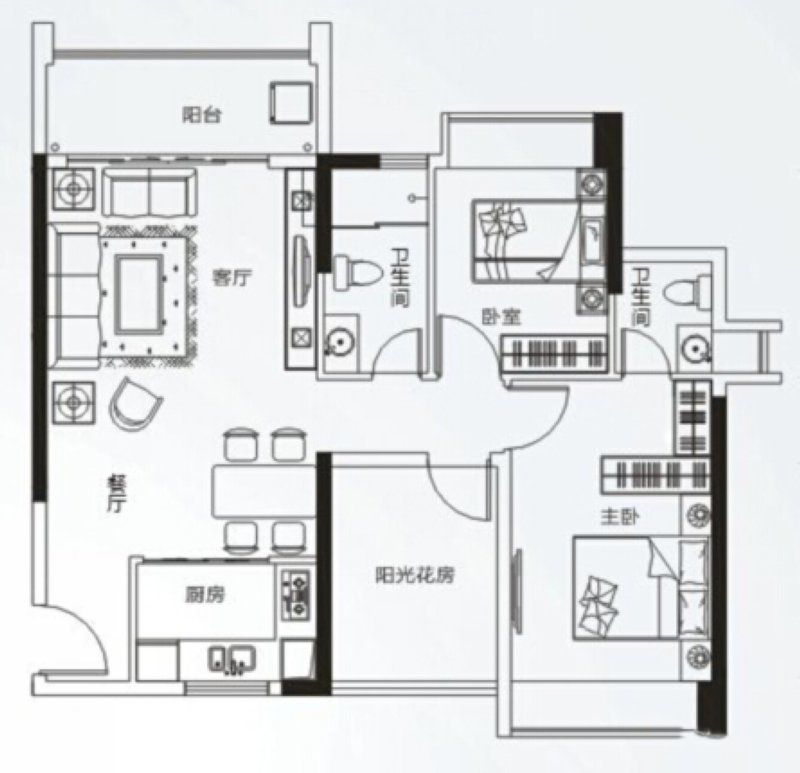 旭日海岸G戶型 3室2廳2衛(wèi)1廚 88.99㎡