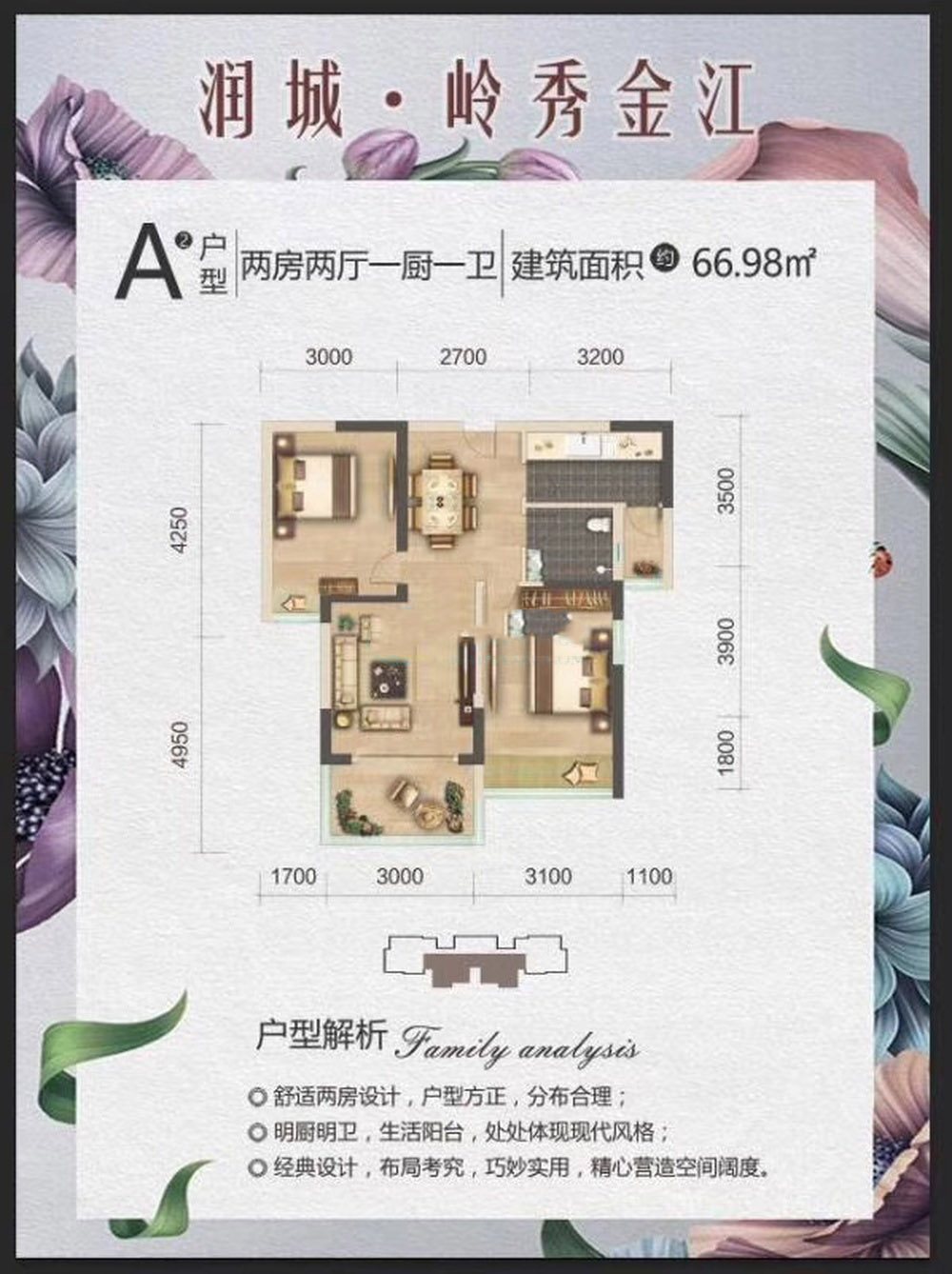 潤城·嶺秀金江A戶型 兩房兩廳一廚一衛(wèi) 建面66.98㎡