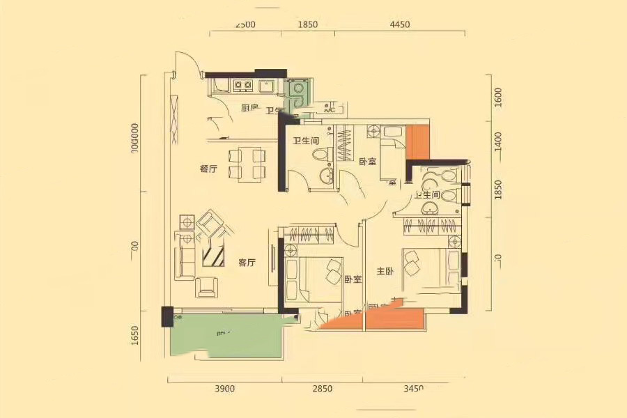 榮佳國韻C戶型 3室2廳2衛(wèi)1廚 92.35㎡