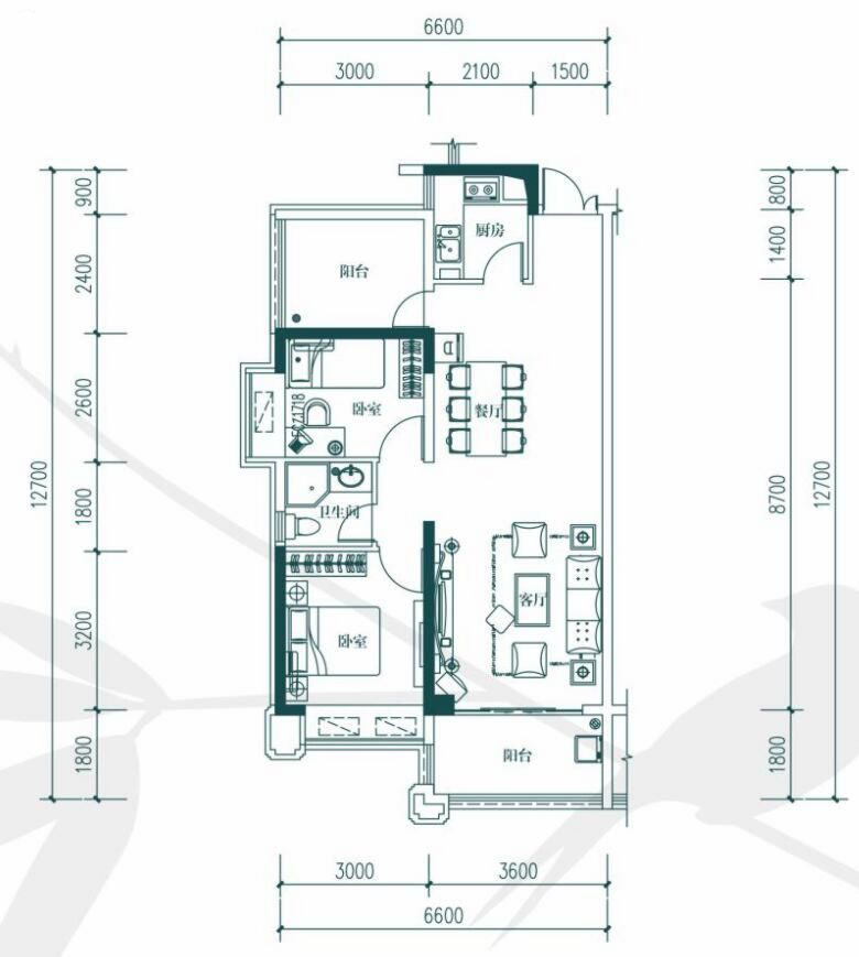 中惠玥園E戶型 2室2廳1衛(wèi)1廚 86㎡