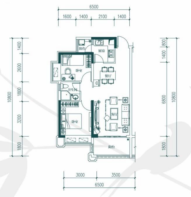 中惠玥園F戶型 2室2廳1衛(wèi)1廚 76㎡