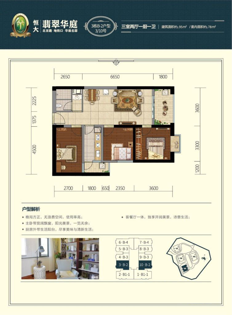 恒大翡翠華庭3棟B-2戶型 3室2廳1衛(wèi) 95㎡