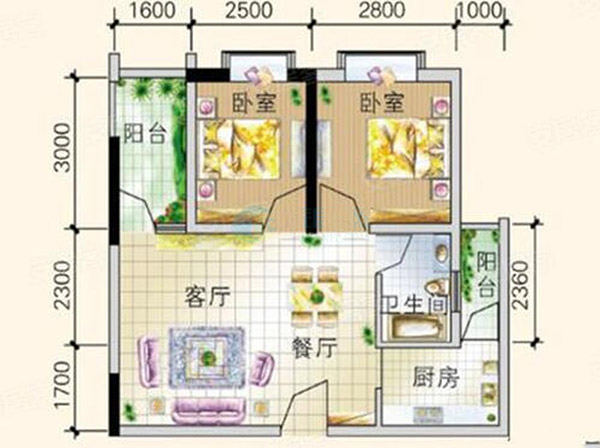 慢哉美域D-2戶型 58.16㎡ 2房2廳1廚1衛(wèi)