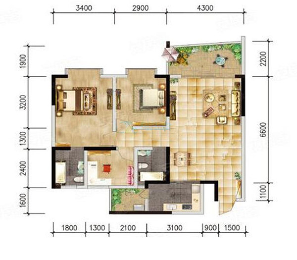 慢哉榮泰苑Hb戶型 97.84㎡ 3房2廳1廚2衛(wèi)