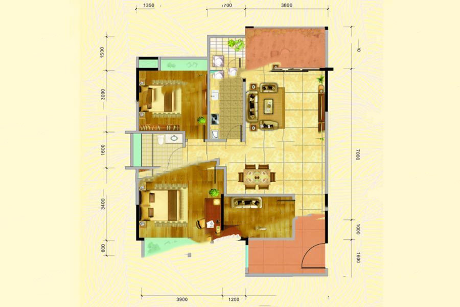 名城世家1-2幢01房 3室2廳1衛(wèi)1廚 90.67㎡