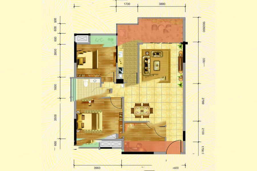 名城世家1-2幢06房 3室2廳1衛(wèi)1廚 94.31㎡