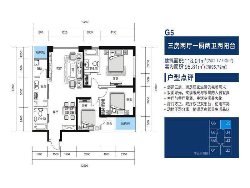 融城金階戶(hù)型圖G5戶(hù)型 3房2廳1廚2衛(wèi)2陽(yáng)臺(tái)