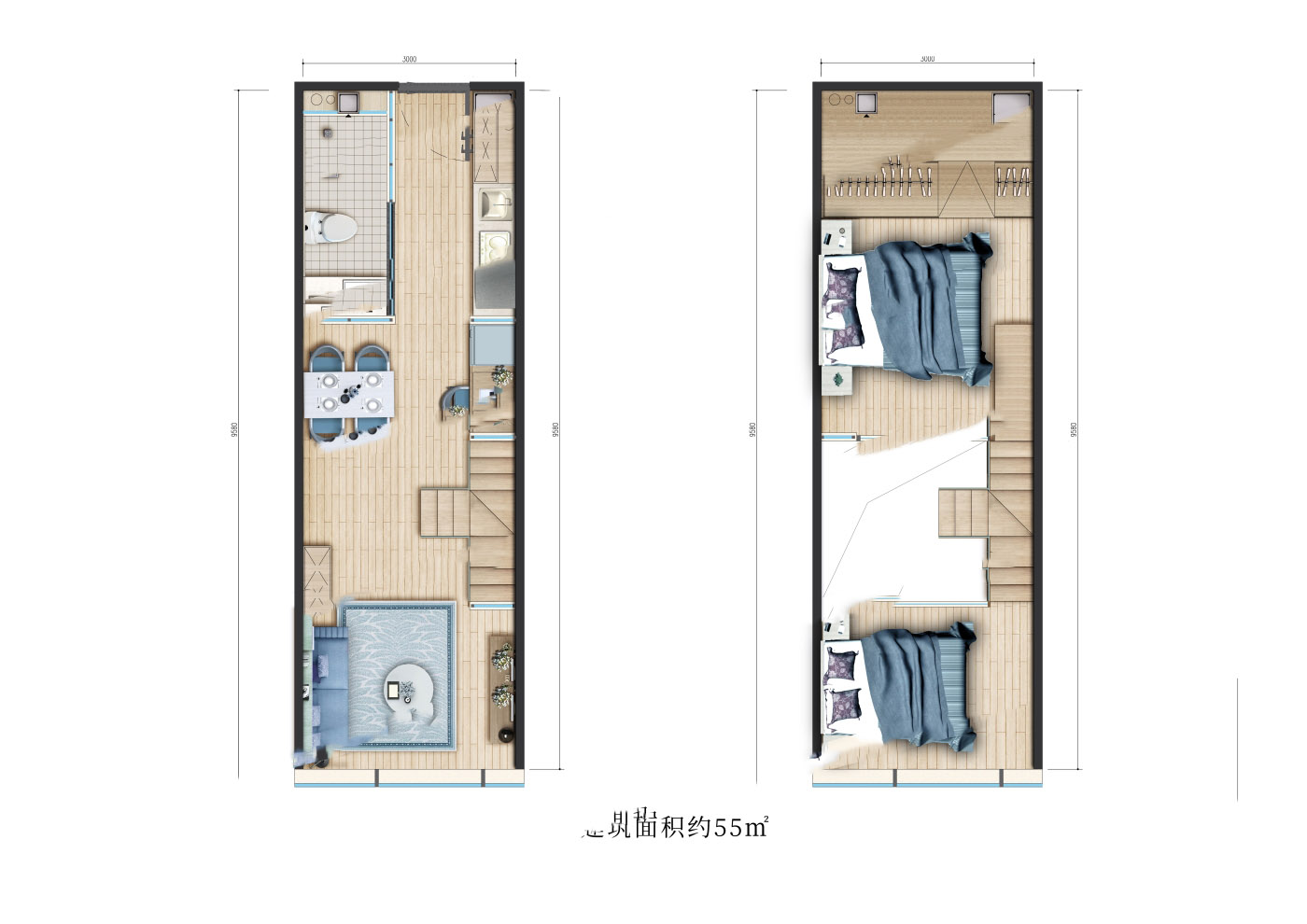 七彩云南第壹城1-3207G戶型 2室2廳1衛(wèi)1廚 55㎡