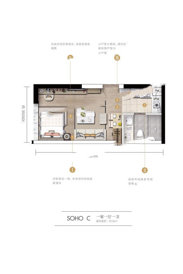 萬(wàn)科翡翠SOHO C戶型 1室1廳1衛(wèi)1廚 39㎡