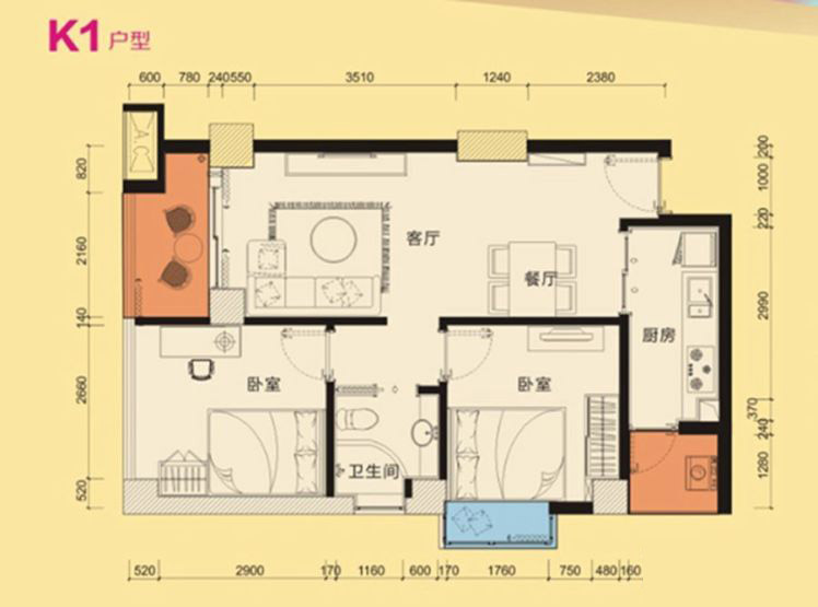 K1戶(hù)型 2室2廳1衛(wèi)1廚 83.85 ㎡