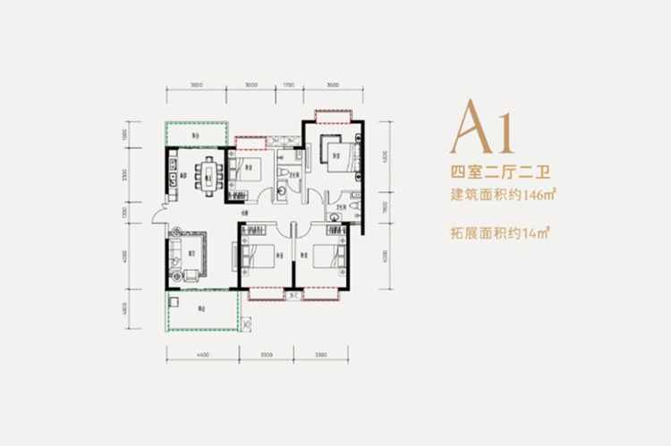 云鼎·鳳凰城A1戶型圖 4室2廳1衛(wèi)1廚  146 ㎡