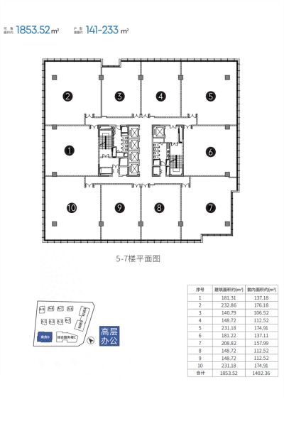 崖州灣自貿(mào)中心D棟（5-7F平面圖） 開間 140.79 - 232.86㎡