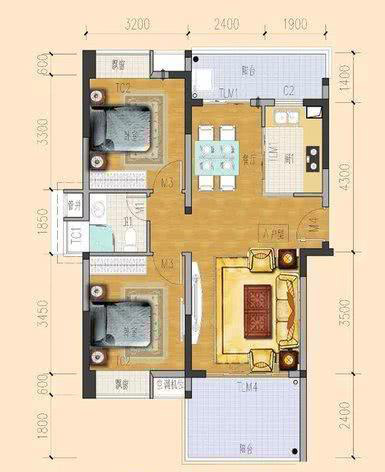 臨海家園A戶型圖 2室2廳1衛(wèi)1廚  建筑面積83.97㎡